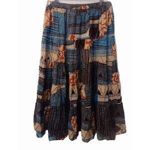 West End Vintage Teal Beige Brown Patchwork Peasant Boho Crinkle Maxi Skirt, Sm.